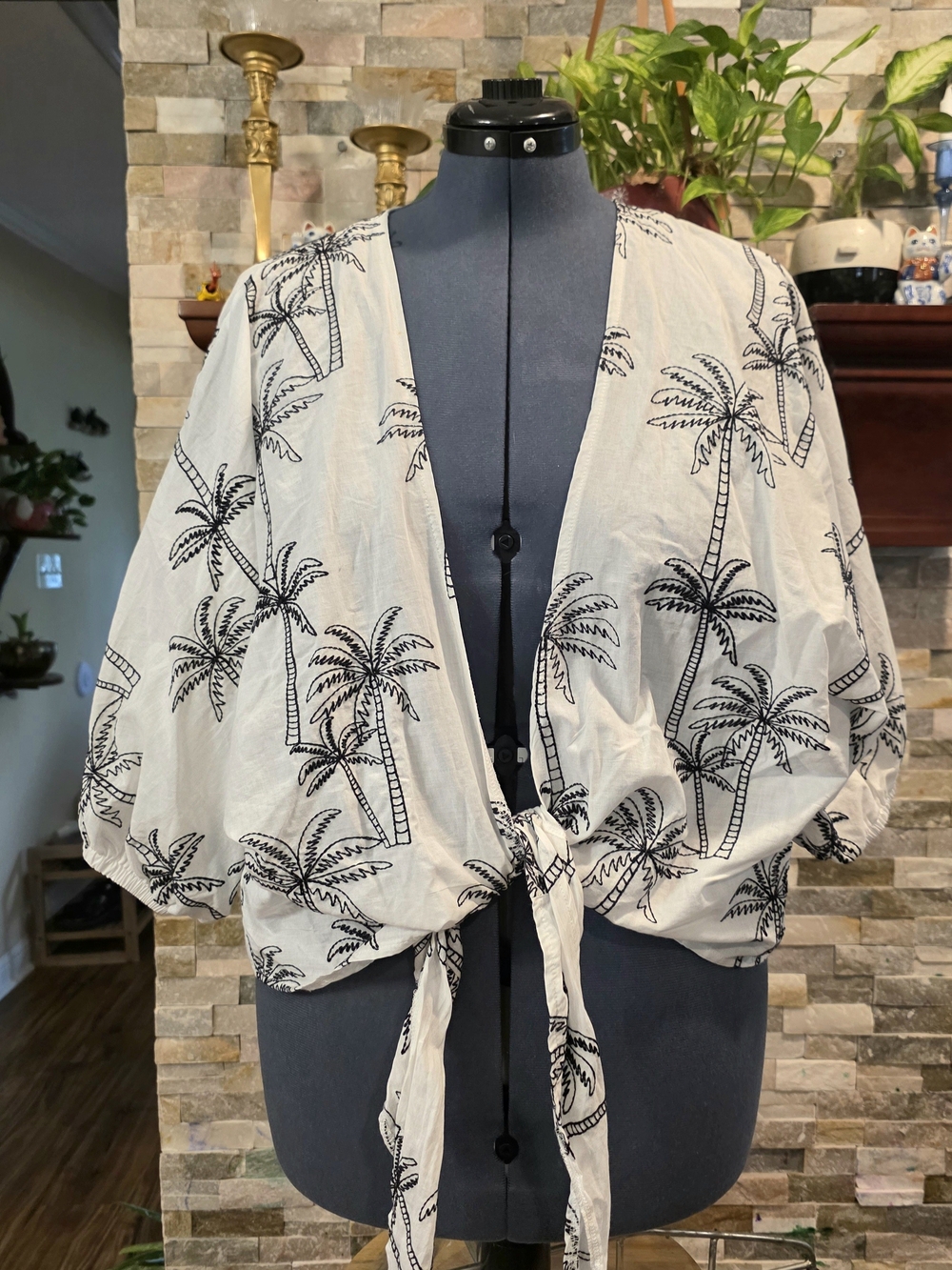 Rachel Zoe White Palm-Print Tie-Front Crop Top
